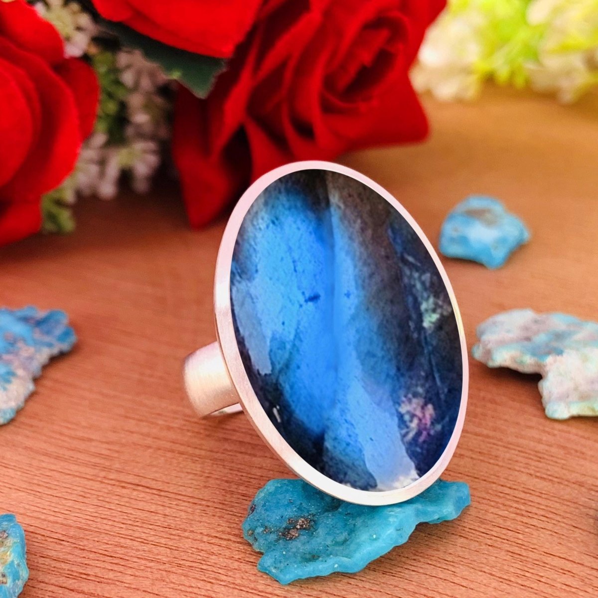 Big Oval Labradorite Ring – Matte 925 Silver Statement Cocktail Ring for Women - BeadsBoatInc
