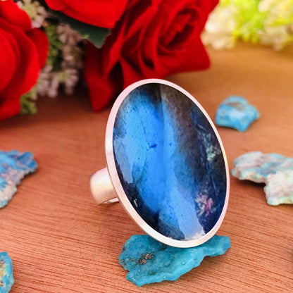 Big Oval Labradorite Ring – Matte 925 Silver Statement Cocktail Ring for Women - BeadsBoatInc
