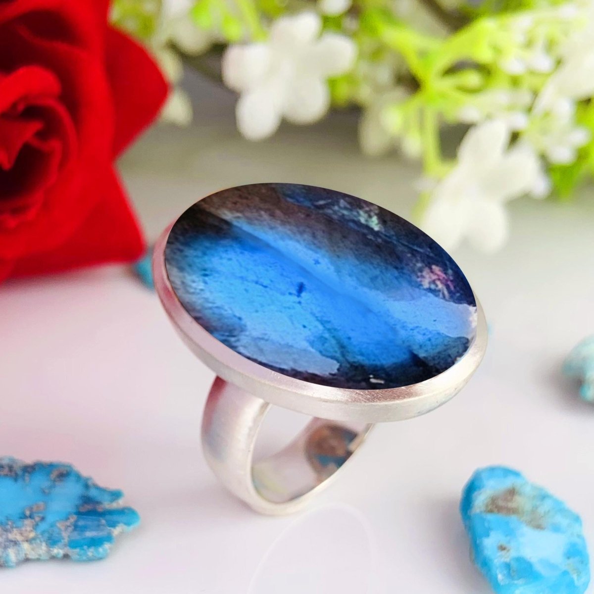 Big Oval Labradorite Ring – Matte 925 Silver Statement Cocktail Ring for Women - BeadsBoatInc