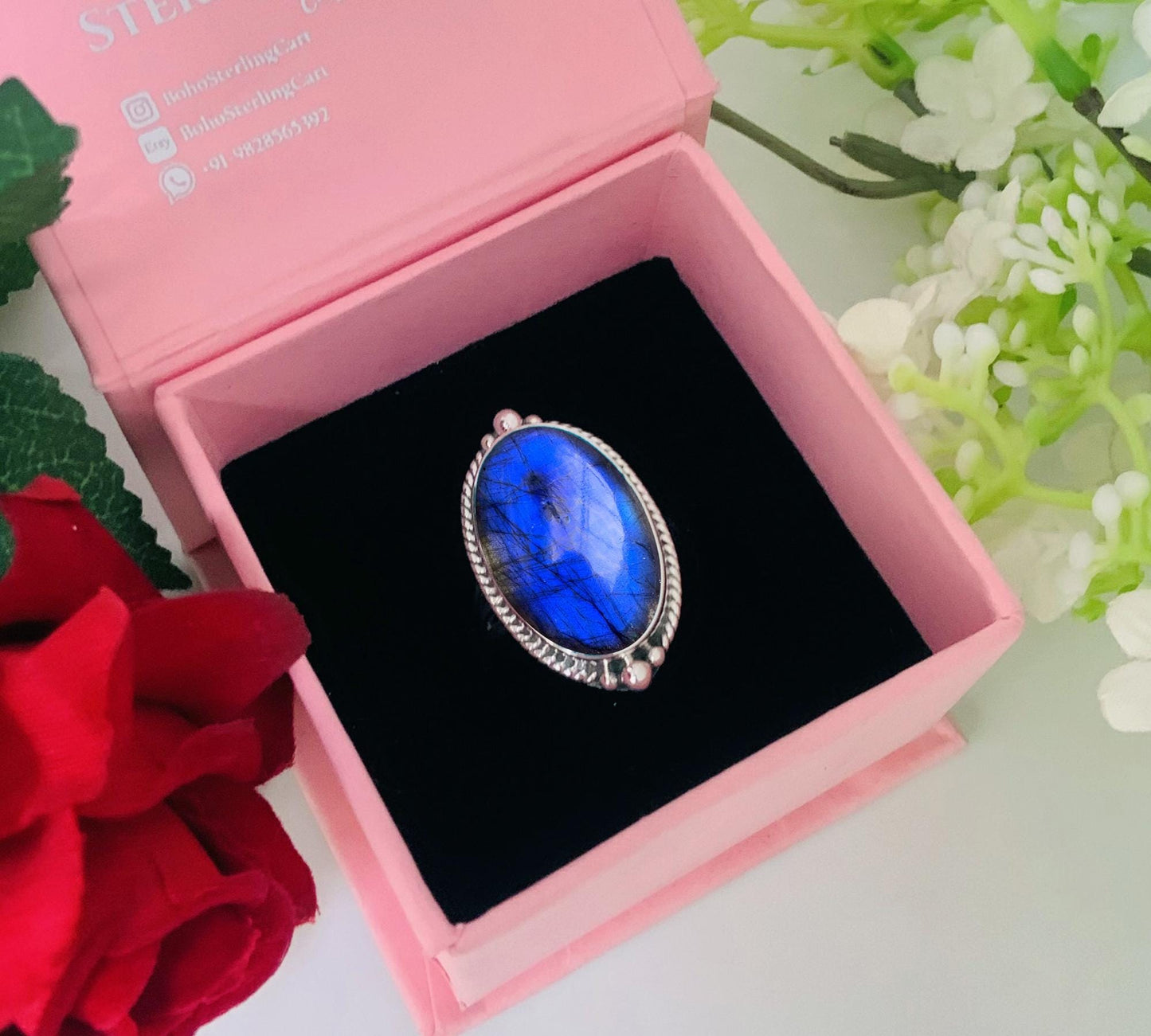 Big Stone Labradorite Ring - Blue Fire Sterling Silver Statement Jewelry - BeadsBoatInc