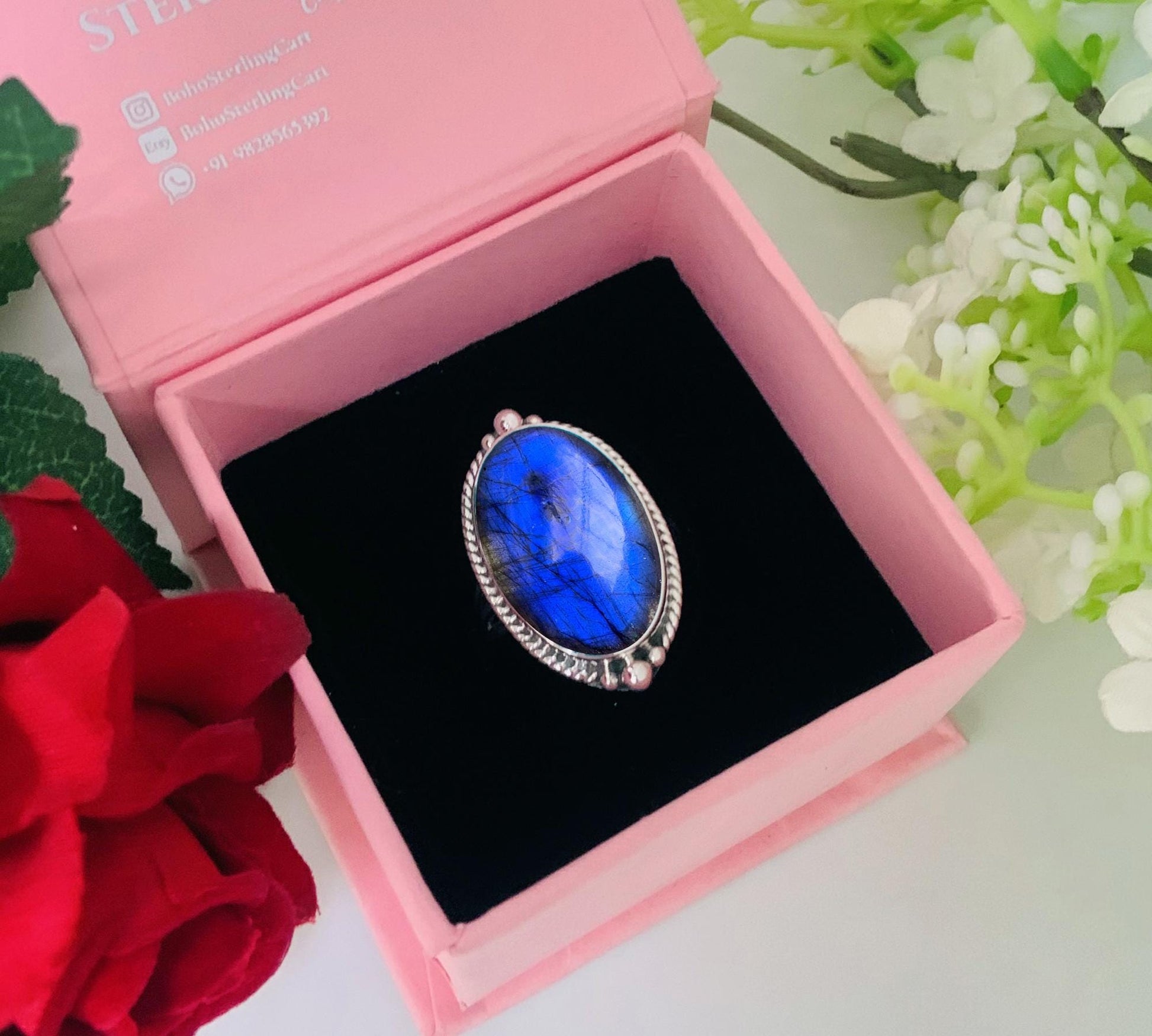 Big Stone Labradorite Ring - Blue Fire Sterling Silver Statement Jewelry - BeadsBoatInc