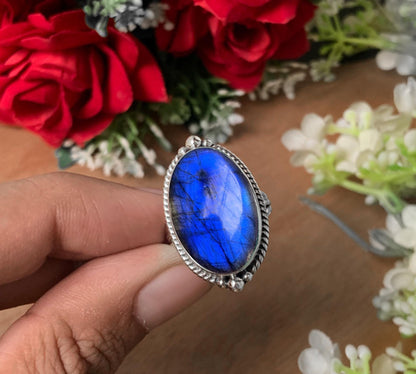 Big Stone Labradorite Ring - Blue Fire Sterling Silver Statement Jewelry - BeadsBoatInc