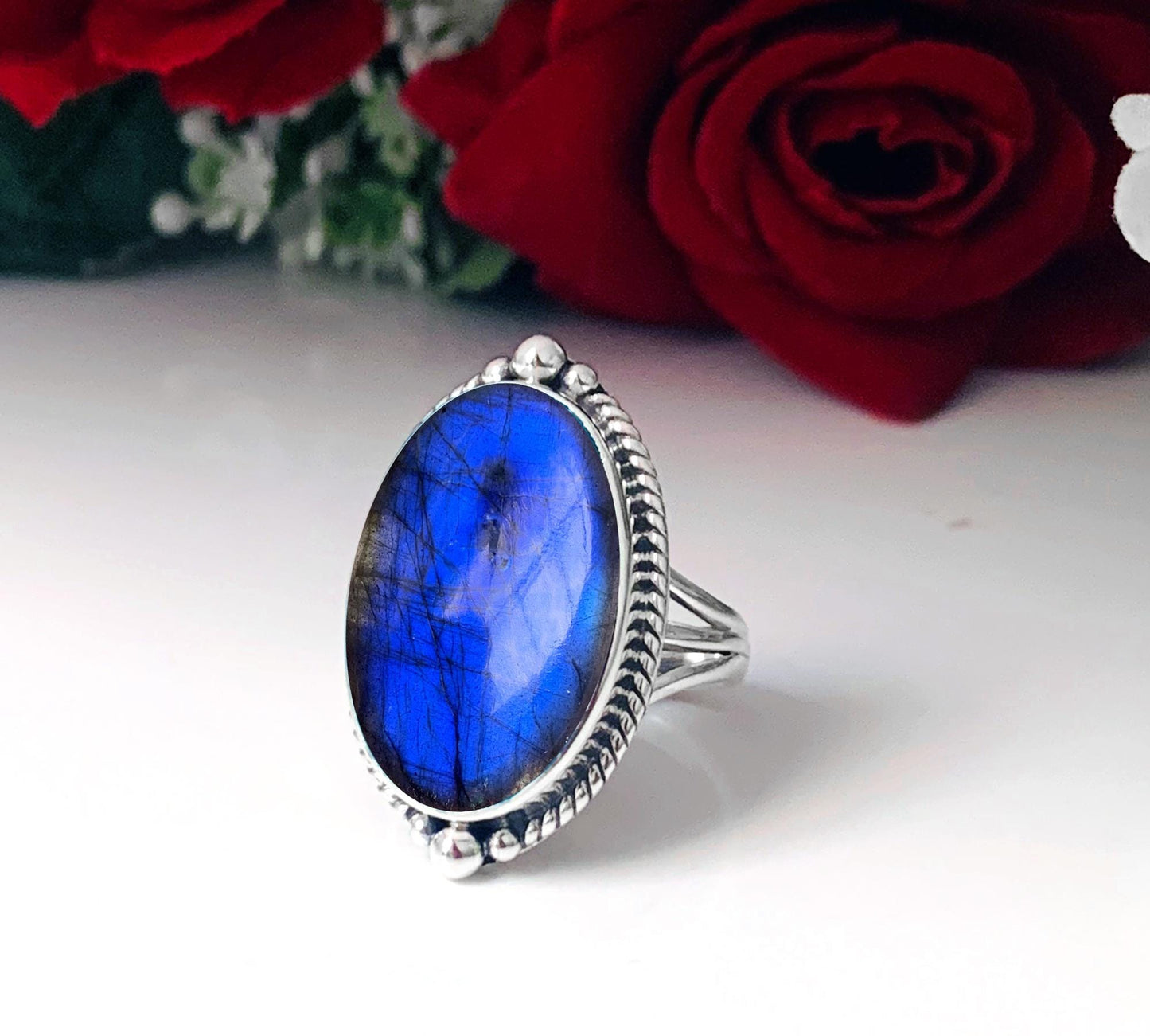 Big Stone Labradorite Ring - Blue Fire Sterling Silver Statement Jewelry - BeadsBoatInc