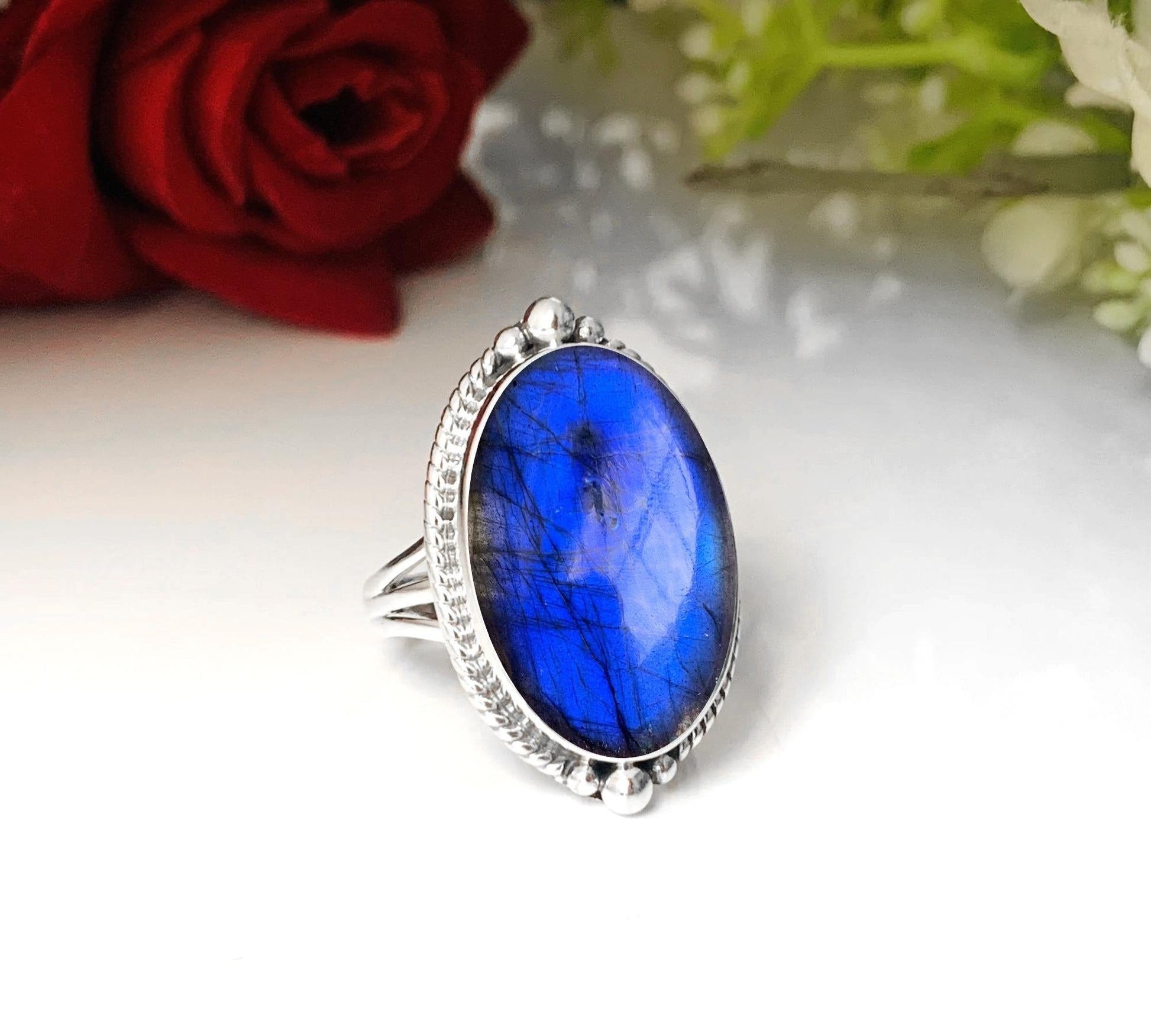 Big Stone Labradorite Ring - Blue Fire Sterling Silver Statement Jewelry - BeadsBoatInc