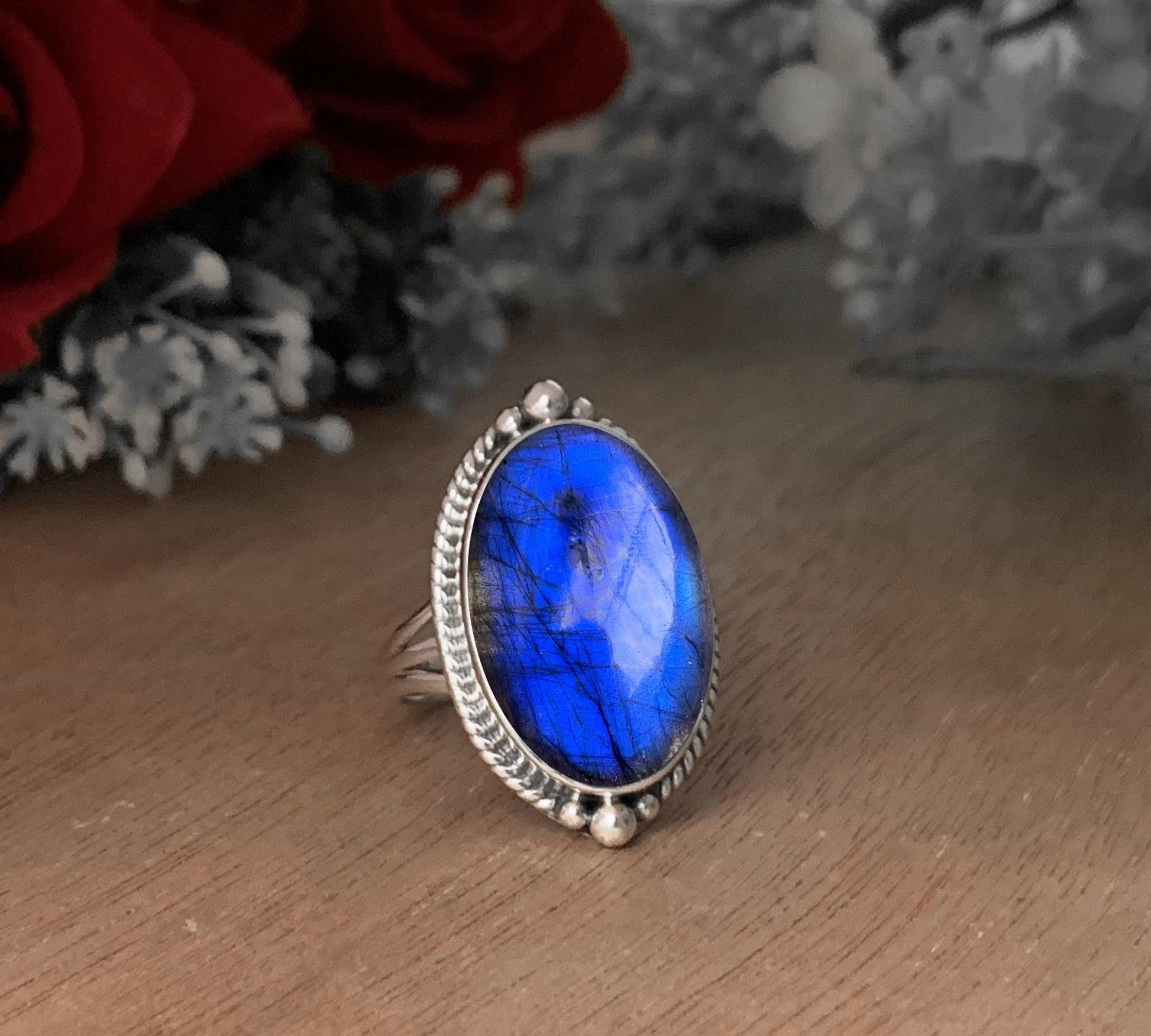 Big Stone Labradorite Ring - Blue Fire Sterling Silver Statement Jewelry - BeadsBoatInc