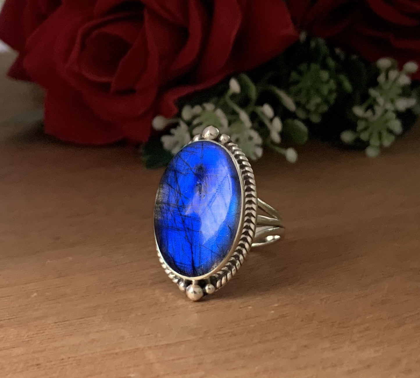 Big Stone Labradorite Ring - Blue Fire Sterling Silver Statement Jewelry - BeadsBoatInc