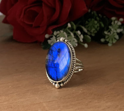 Big Stone Labradorite Ring - Blue Fire Sterling Silver Statement Jewelry - BeadsBoatInc