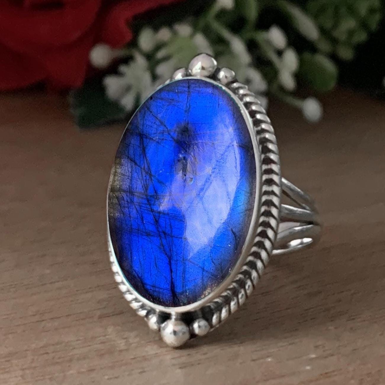 Big Stone Labradorite Ring - Blue Fire Sterling Silver Statement Jewelry - BeadsBoatInc