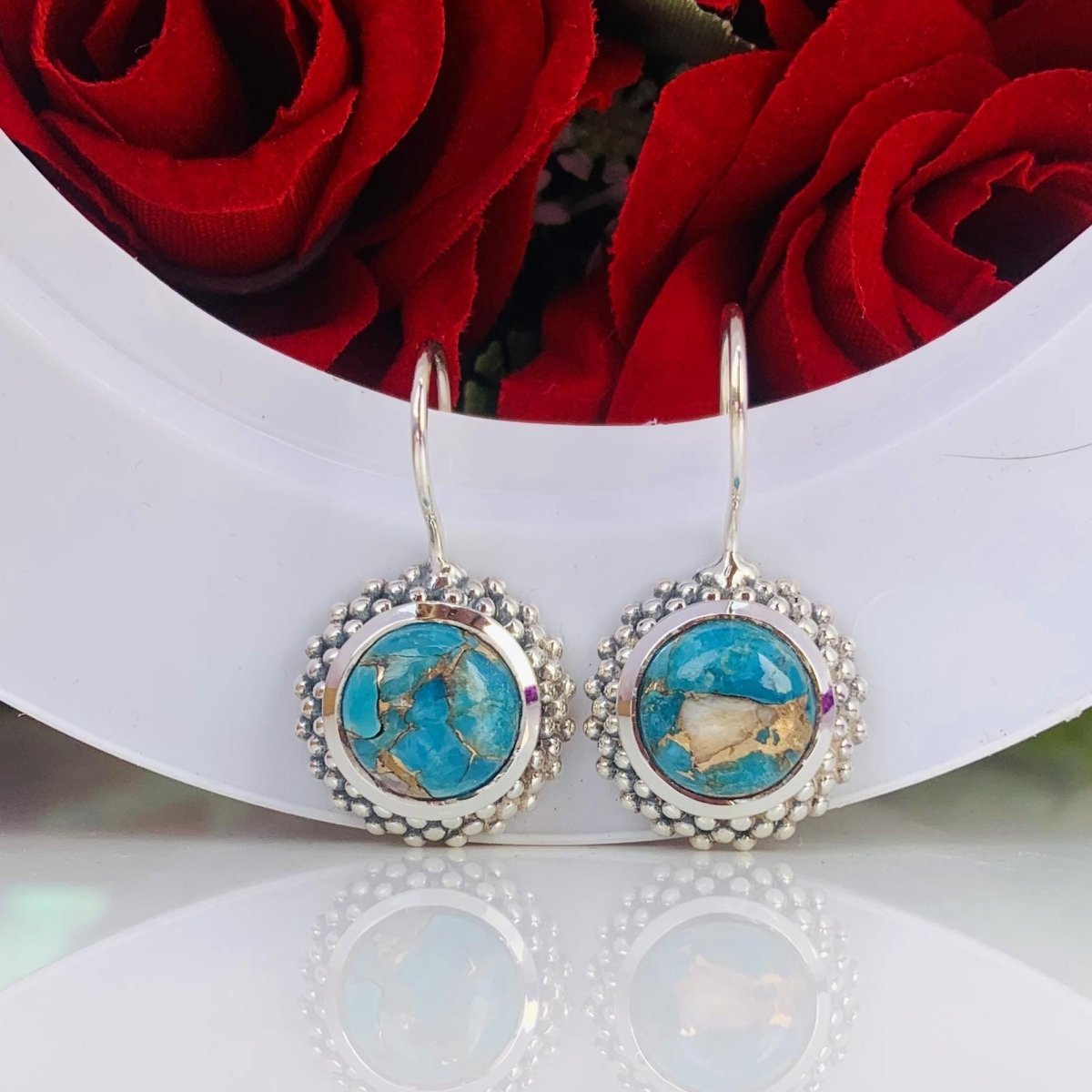 Blue Copper Turquoise Earrings - 925 Silver Vintage Dangle - BeadsBoatInc