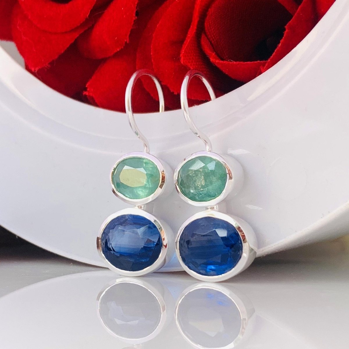 Blue & Green Kyanite Dangle Earrings - 925 Sterling Silver Handmade Jewelry - BeadsBoatInc