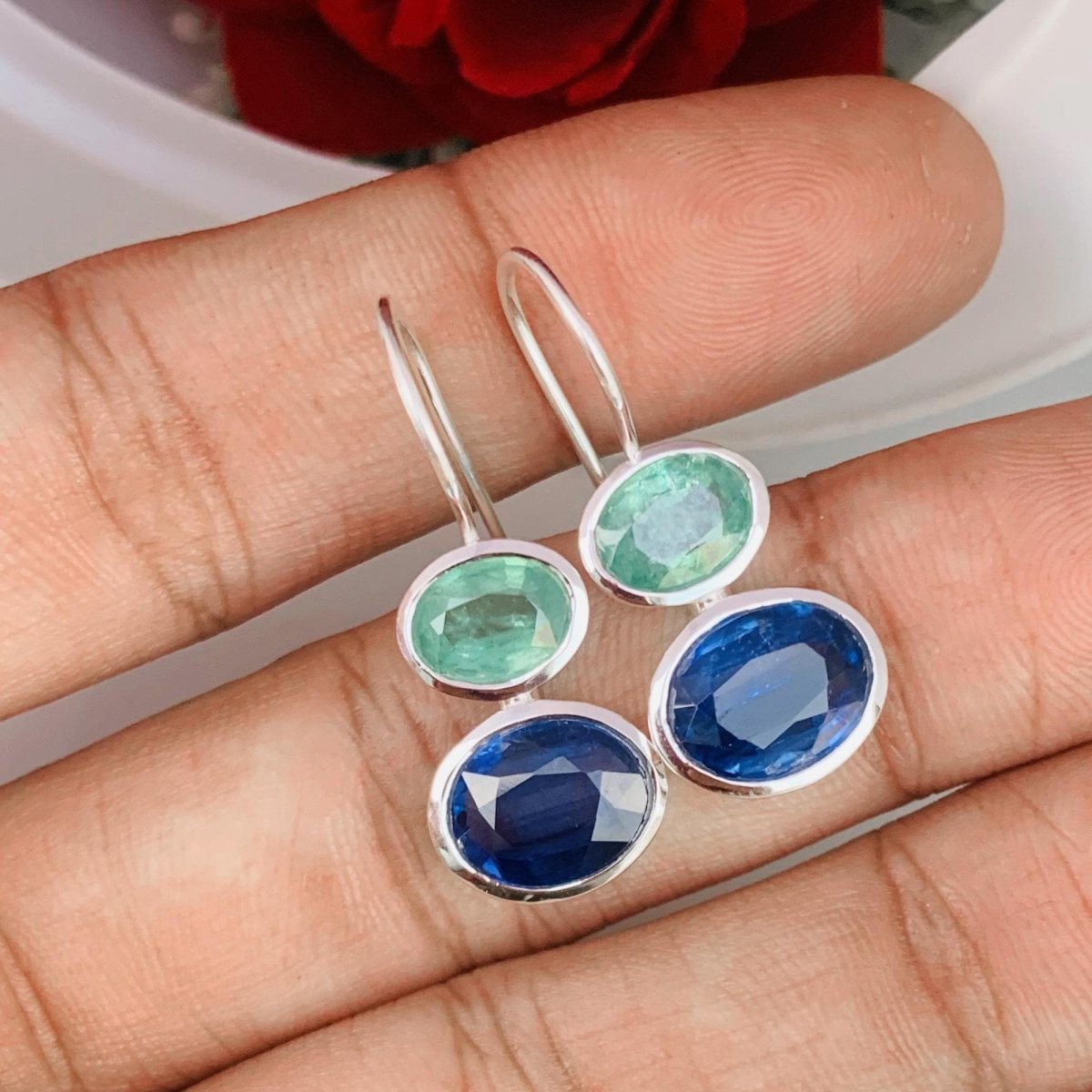 Blue & Green Kyanite Dangle Earrings - 925 Sterling Silver Handmade Jewelry - BeadsBoatInc
