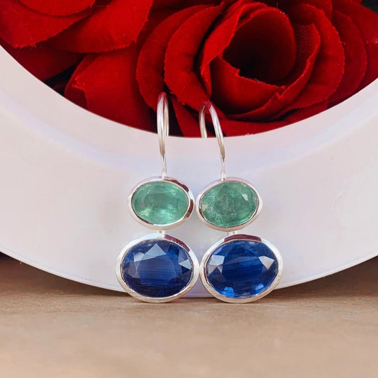Blue & Green Kyanite Dangle Earrings - 925 Sterling Silver Handmade Jewelry - BeadsBoatInc