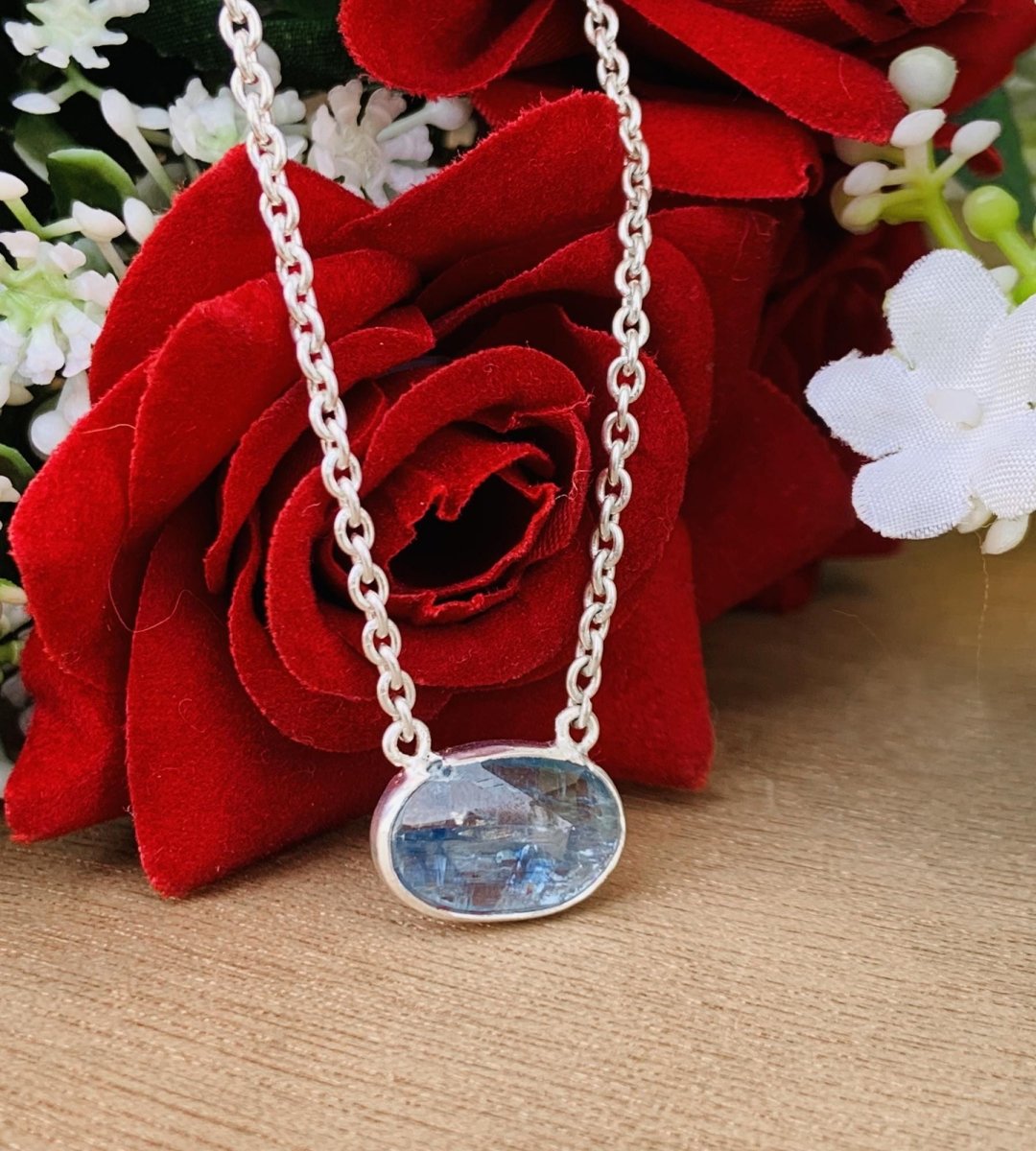 Blue Kyanite Rosecut Necklace – Minimalist Silver & Gold Pendant, Gift for Her - BeadsBoatInc
