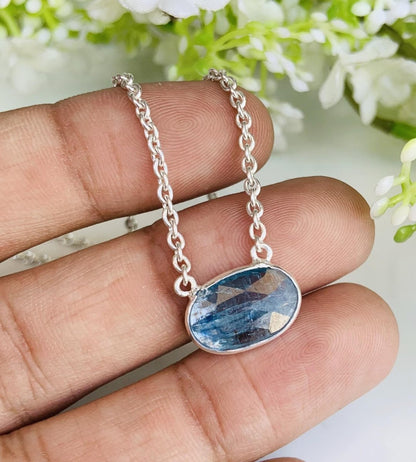 Blue Kyanite Rosecut Necklace – Minimalist Silver & Gold Pendant, Gift for Her - BeadsBoatInc