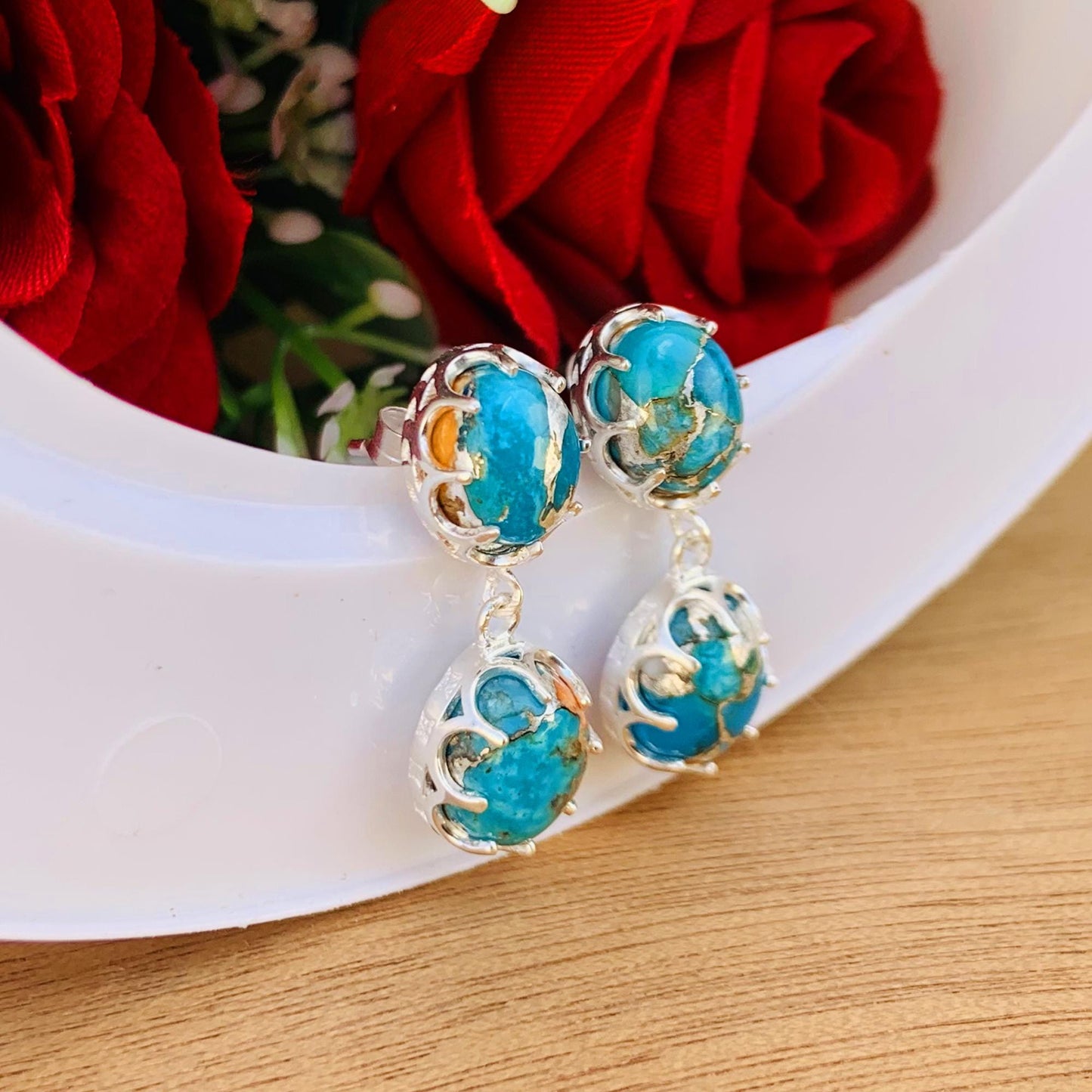 Blue Oyster Turquoise Earring ~ Bright Mood Style ~ Birthstone Jewelry ~ Kingman Turquoise Earrings ~ Dangling Earrings For Her / MOM - BeadsBoatInc