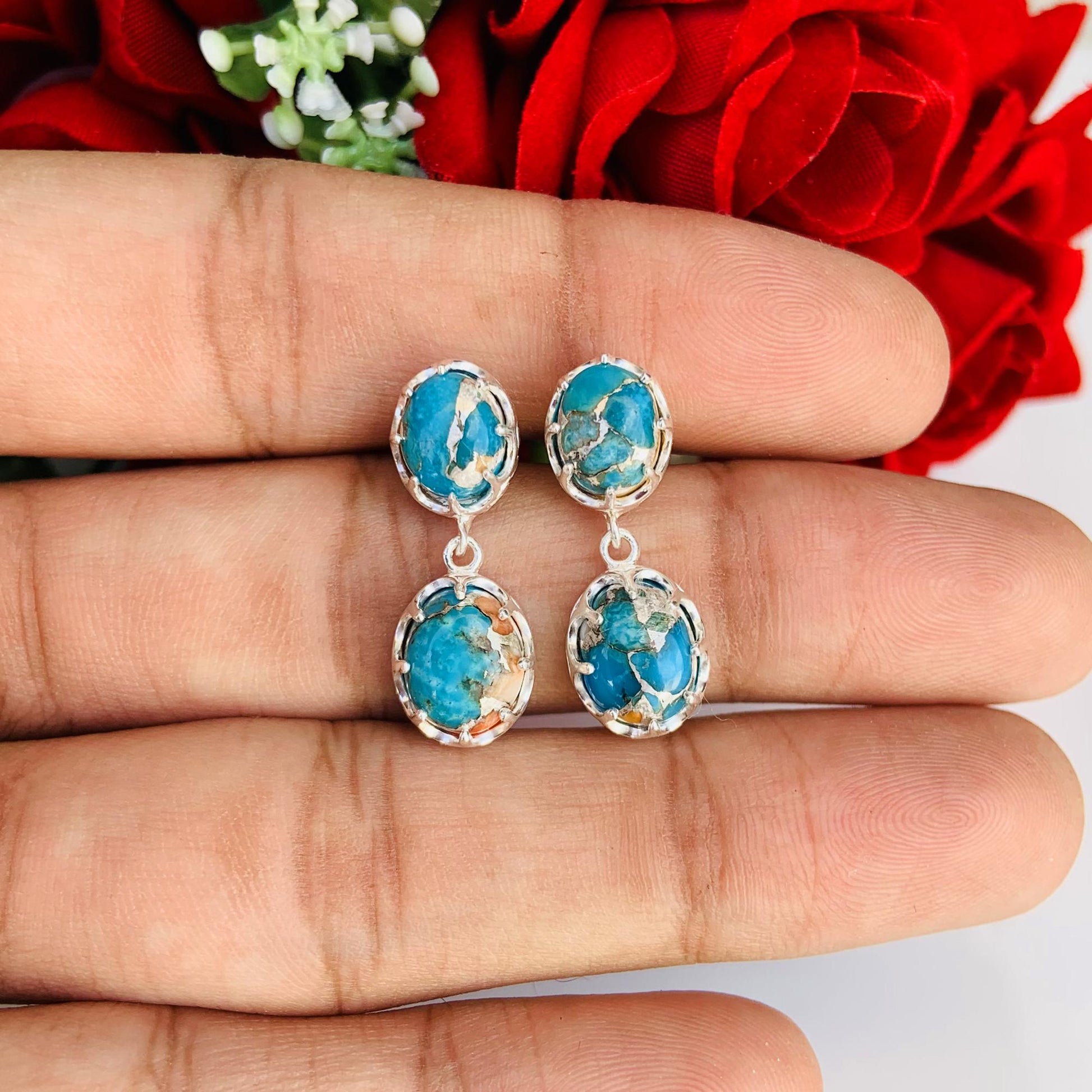 Blue Oyster Turquoise Earring ~ Bright Mood Style ~ Birthstone Jewelry ~ Kingman Turquoise Earrings ~ Dangling Earrings For Her / MOM - BeadsBoatInc
