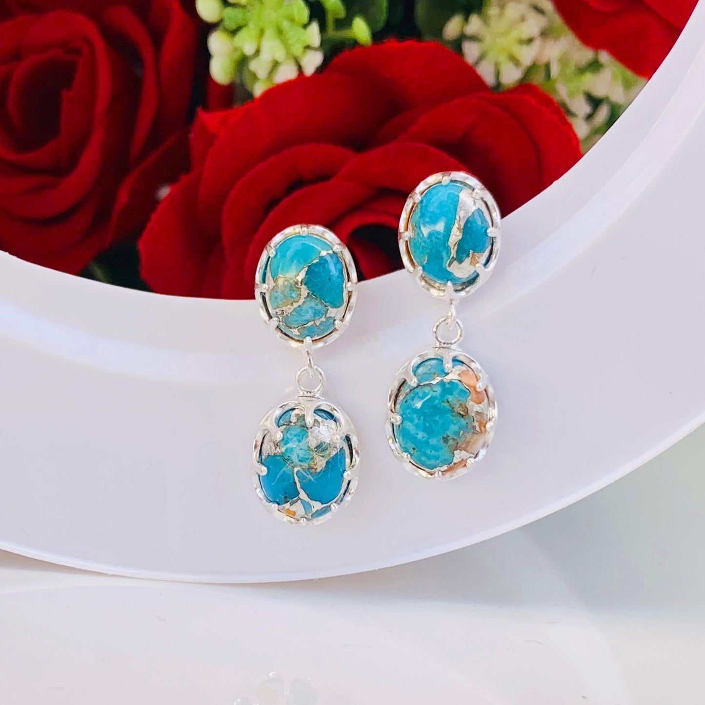 Blue Oyster Turquoise Earring ~ Bright Mood Style ~ Birthstone Jewelry ~ Kingman Turquoise Earrings ~ Dangling Earrings For Her / MOM - BeadsBoatInc