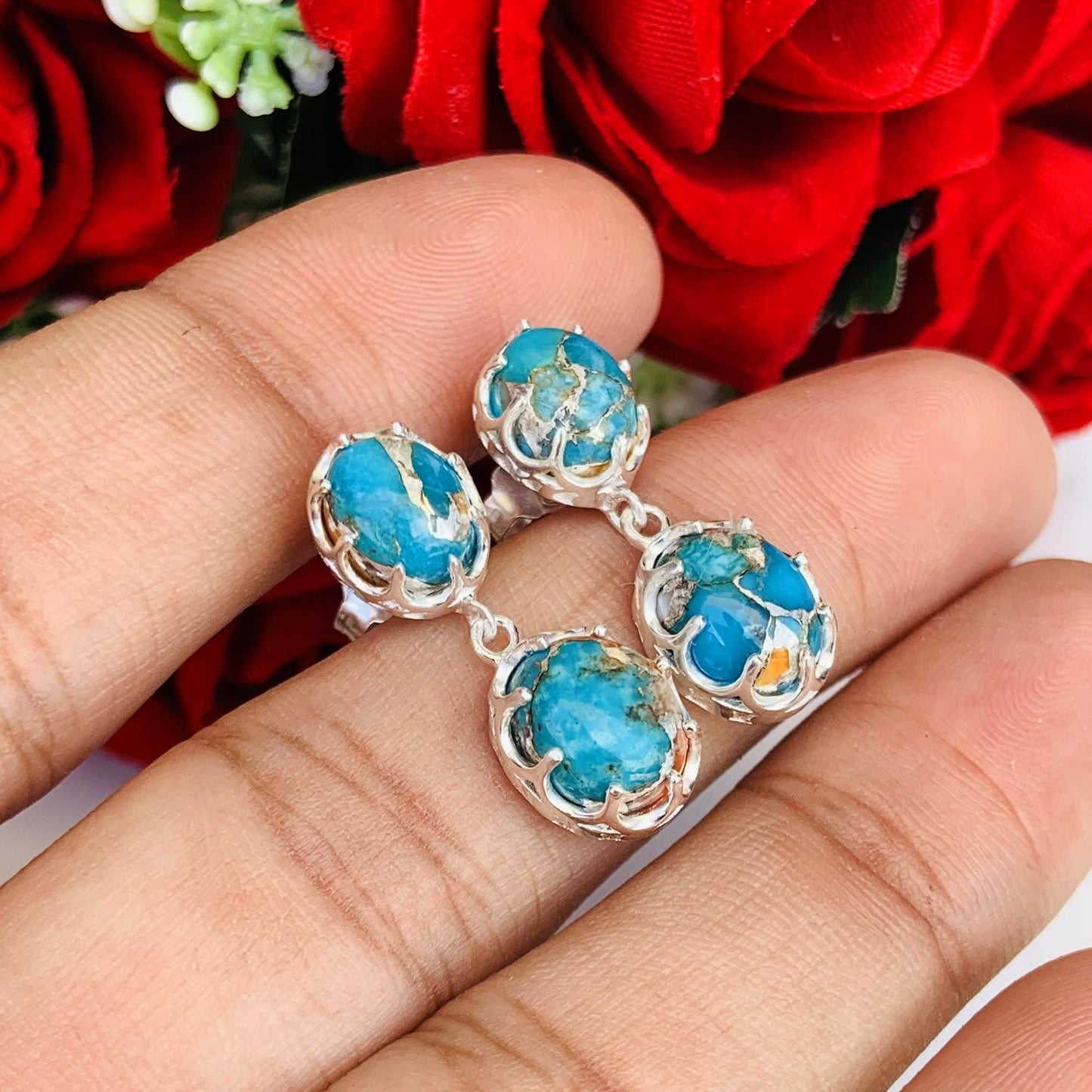 Blue Oyster Turquoise Earring ~ Bright Mood Style ~ Birthstone Jewelry ~ Kingman Turquoise Earrings ~ Dangling Earrings For Her / MOM - BeadsBoatInc