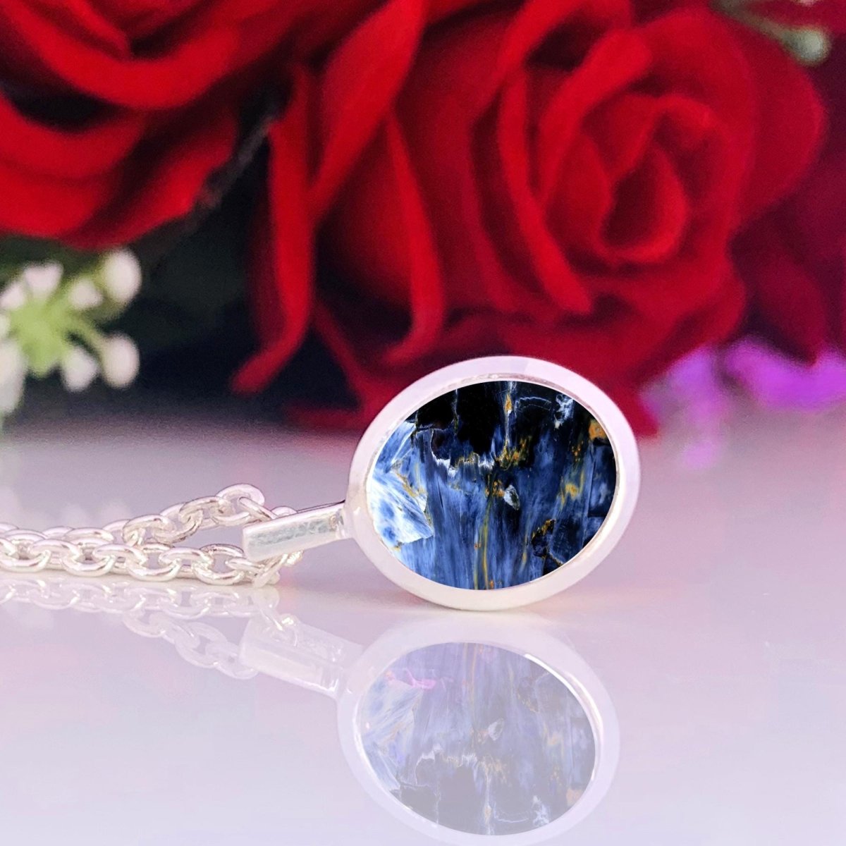 Blue Pietersite Necklace • Dainty and Simple Design • Classic Silver jewelry • Best Gift For Her/Mom • Birthday Gift • Simple Jewelry - BeadsBoatInc