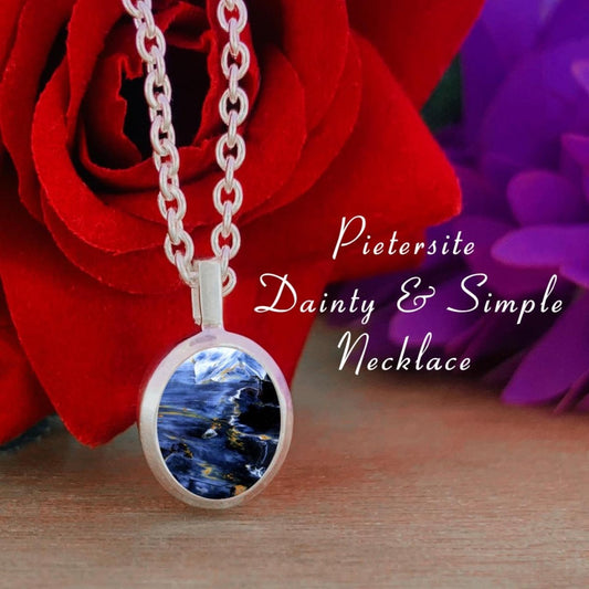 Blue Pietersite Necklace • Dainty and Simple Design • Classic Silver jewelry • Best Gift For Her/Mom • Birthday Gift • Simple Jewelry - BeadsBoatInc