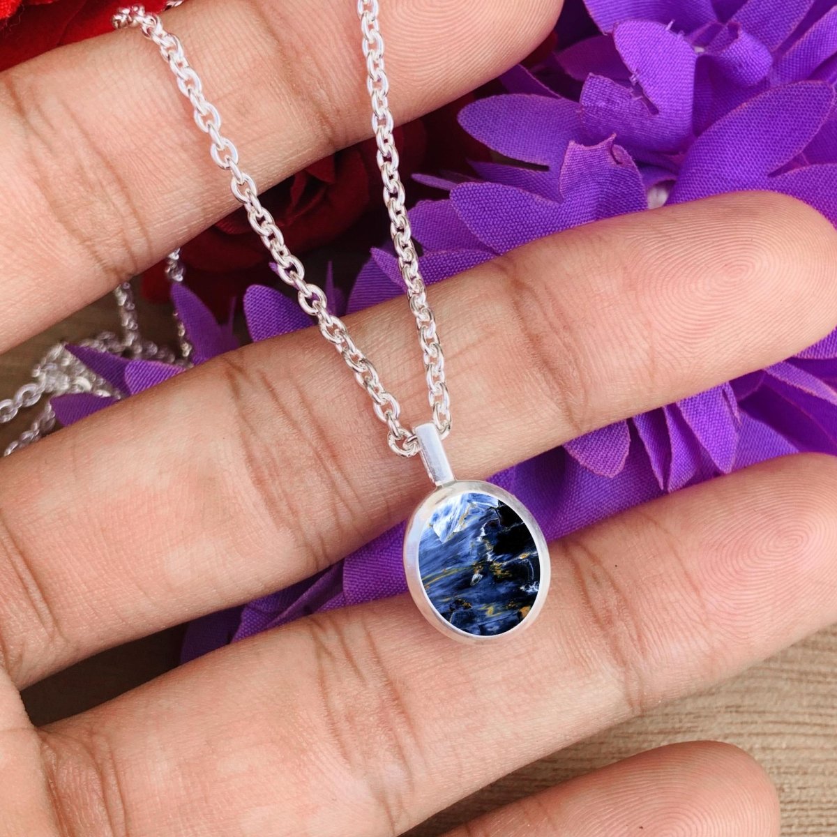 Blue Pietersite Necklace • Dainty and Simple Design • Classic Silver jewelry • Best Gift For Her/Mom • Birthday Gift • Simple Jewelry - BeadsBoatInc