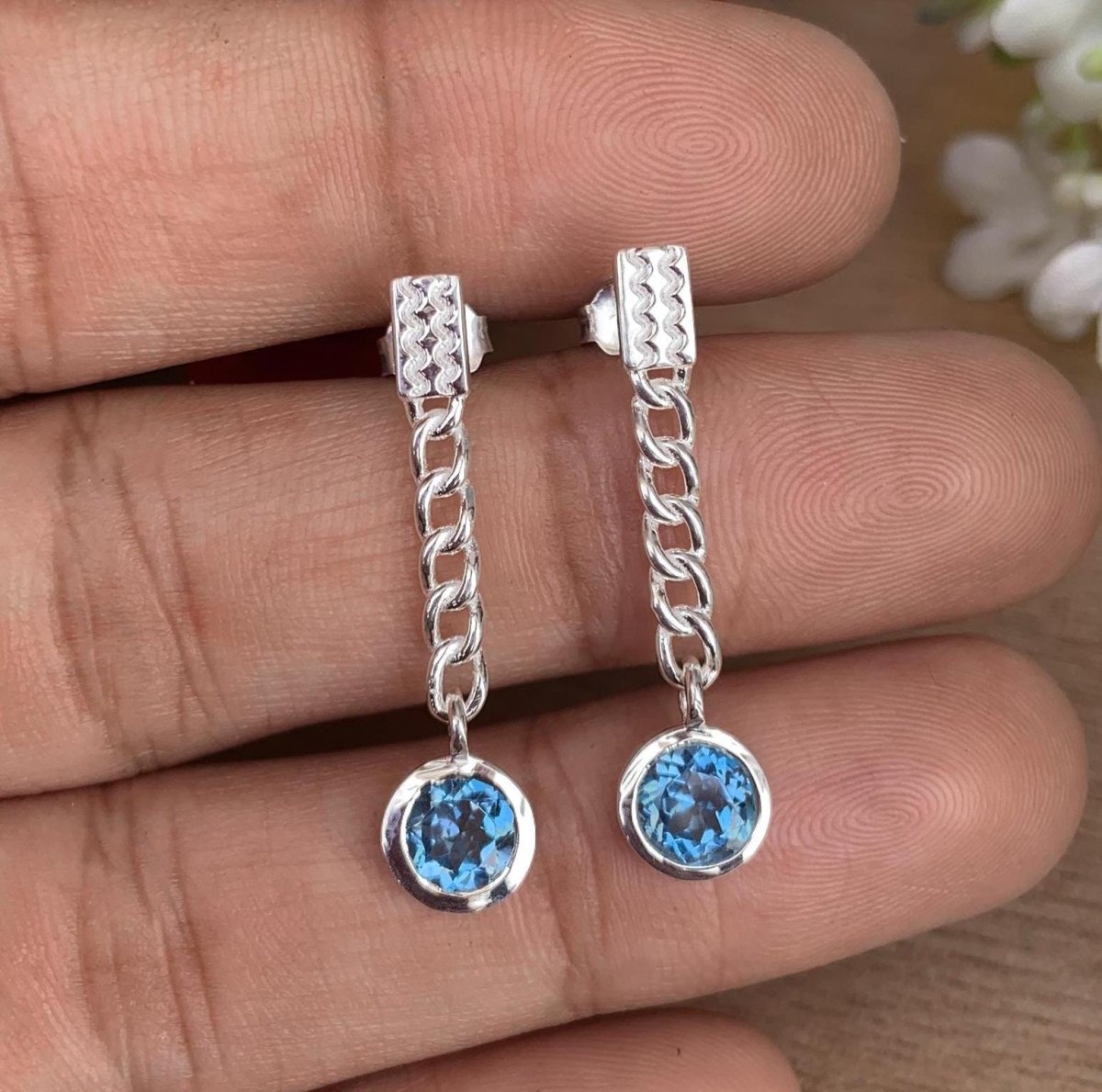 Blue Topaz Chain Earrings 925 Sterling Silver Dangle Drops - BeadsBoatInc