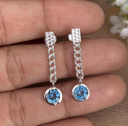 Blue Topaz Chain Earrings 925 Sterling Silver Dangle Drops - BeadsBoatInc
