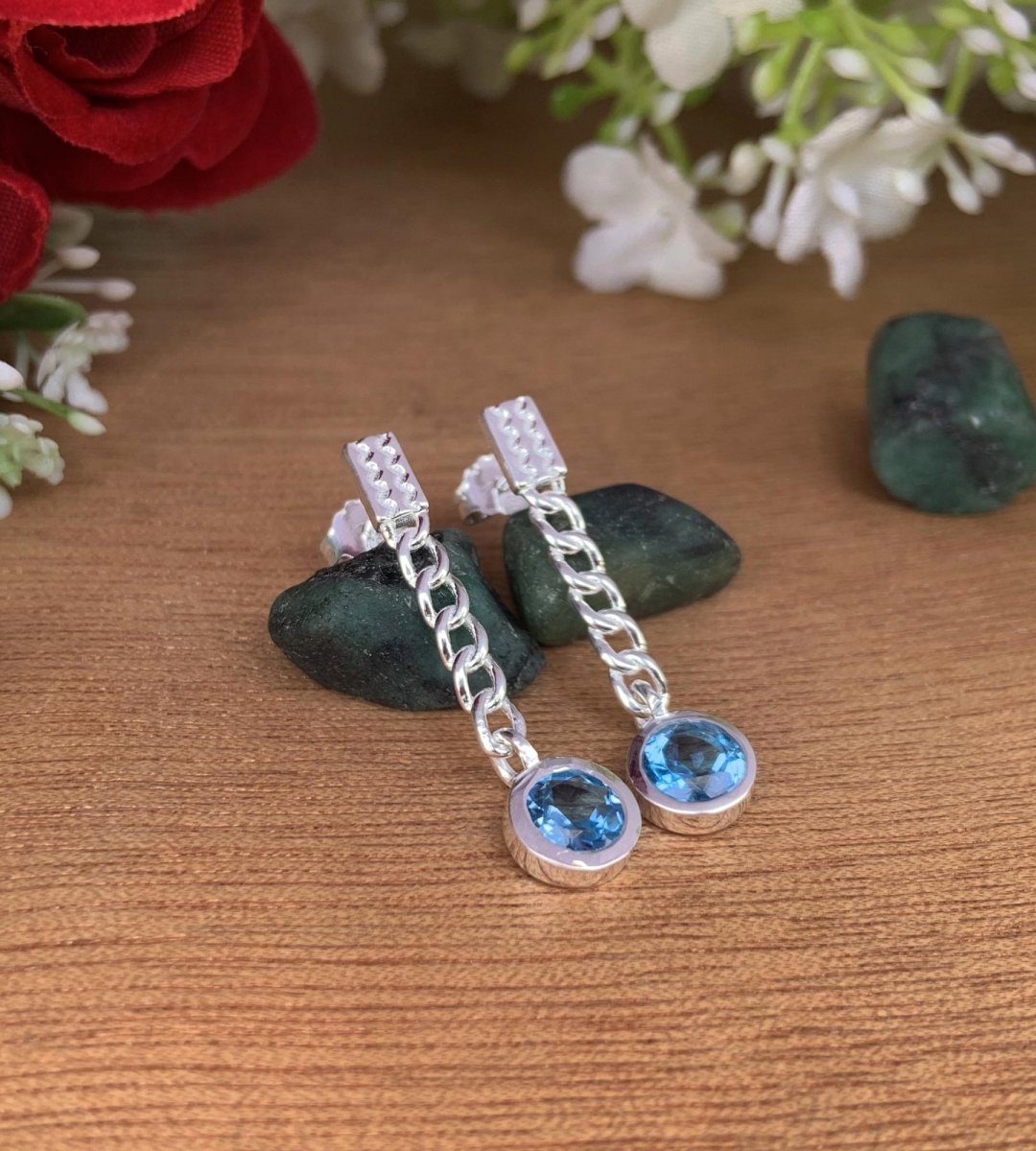 Blue Topaz Chain Earrings 925 Sterling Silver Dangle Drops - BeadsBoatInc