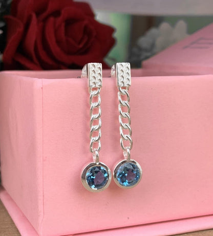 Blue Topaz Chain Earrings 925 Sterling Silver Dangle Drops - BeadsBoatInc