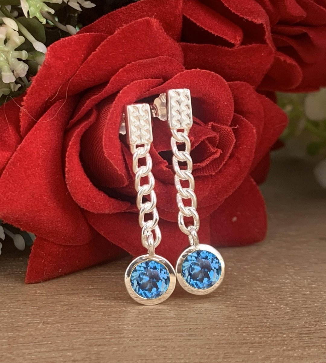 Blue Topaz Chain Earrings 925 Sterling Silver Dangle Drops - BeadsBoatInc