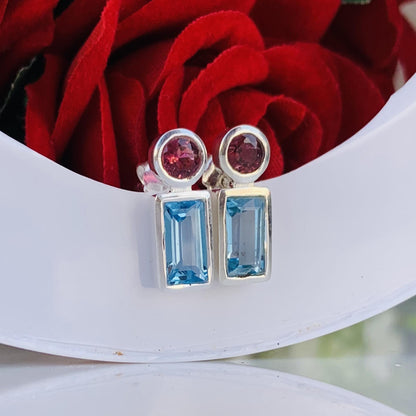 Blue Topaz & Tourmaline Stud Earrings | 925 Sterling Silver - BeadsBoatInc