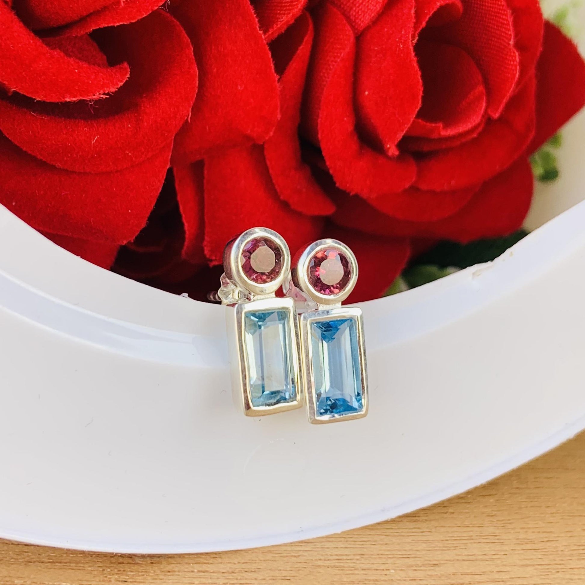 Blue Topaz & Tourmaline Stud Earrings | 925 Sterling Silver - BeadsBoatInc
