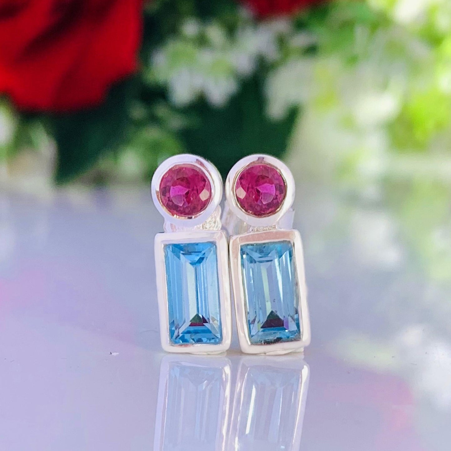 Blue Topaz & Tourmaline Stud Earrings | 925 Sterling Silver - BeadsBoatInc