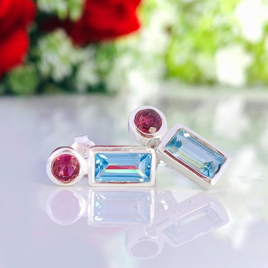 Blue Topaz & Tourmaline Stud Earrings | 925 Sterling Silver - BeadsBoatInc