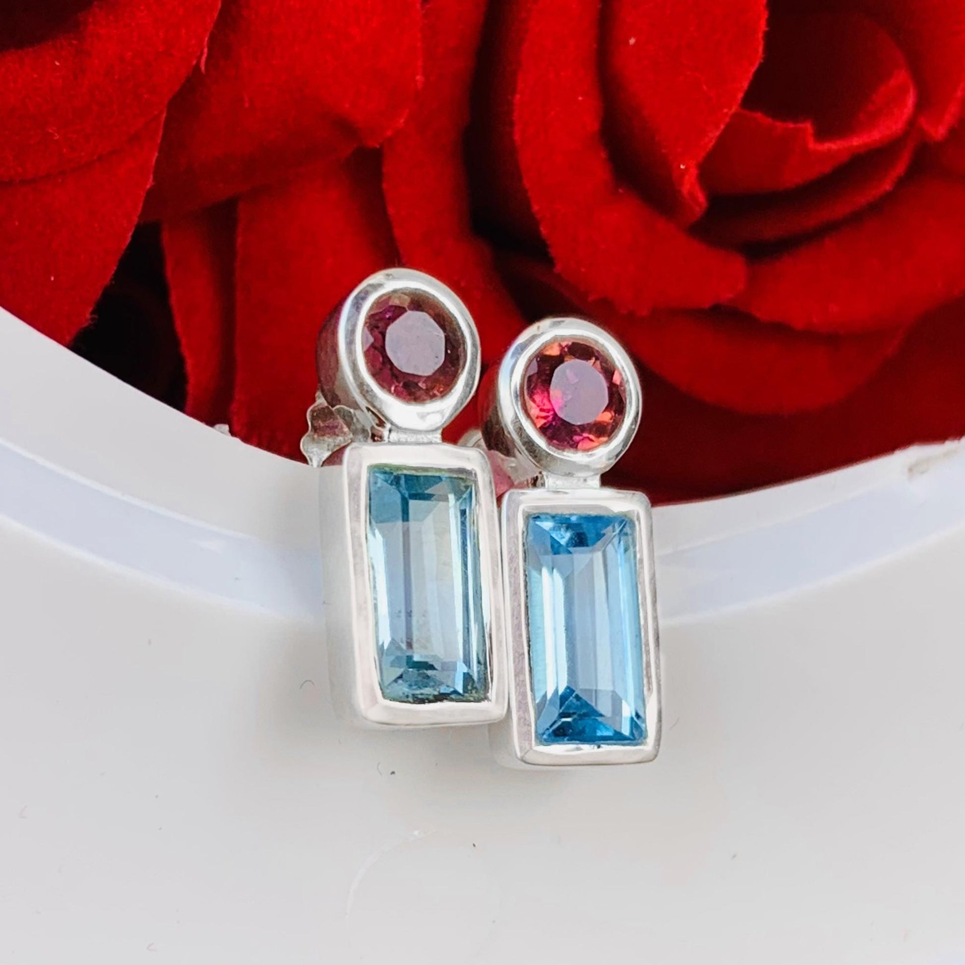 Blue Topaz & Tourmaline Stud Earrings | 925 Sterling Silver - BeadsBoatInc