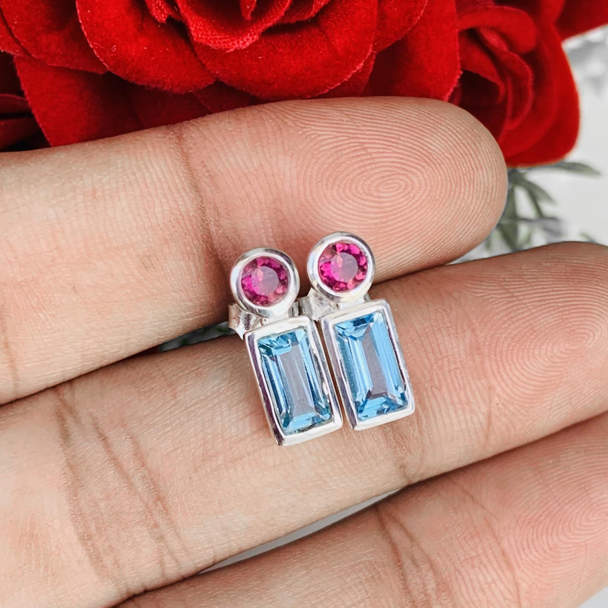 Blue Topaz & Tourmaline Stud Earrings | 925 Sterling Silver - BeadsBoatInc