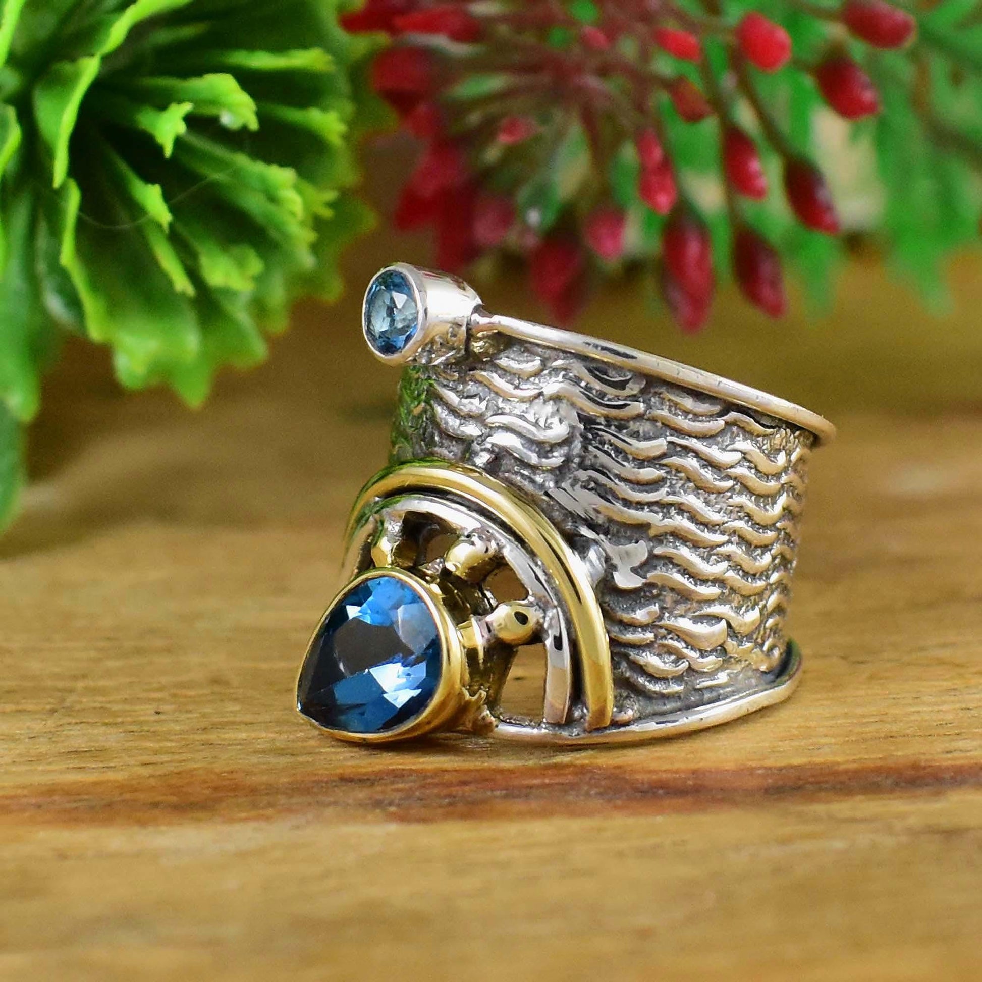 Blue Topaz Wide Band Ring - Handmade Textured Silver Boho Statement Jewelry - BeadsBoatInc