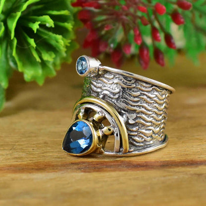 Blue Topaz Wide Band Ring - Handmade Textured Silver Boho Statement Jewelry - BeadsBoatInc