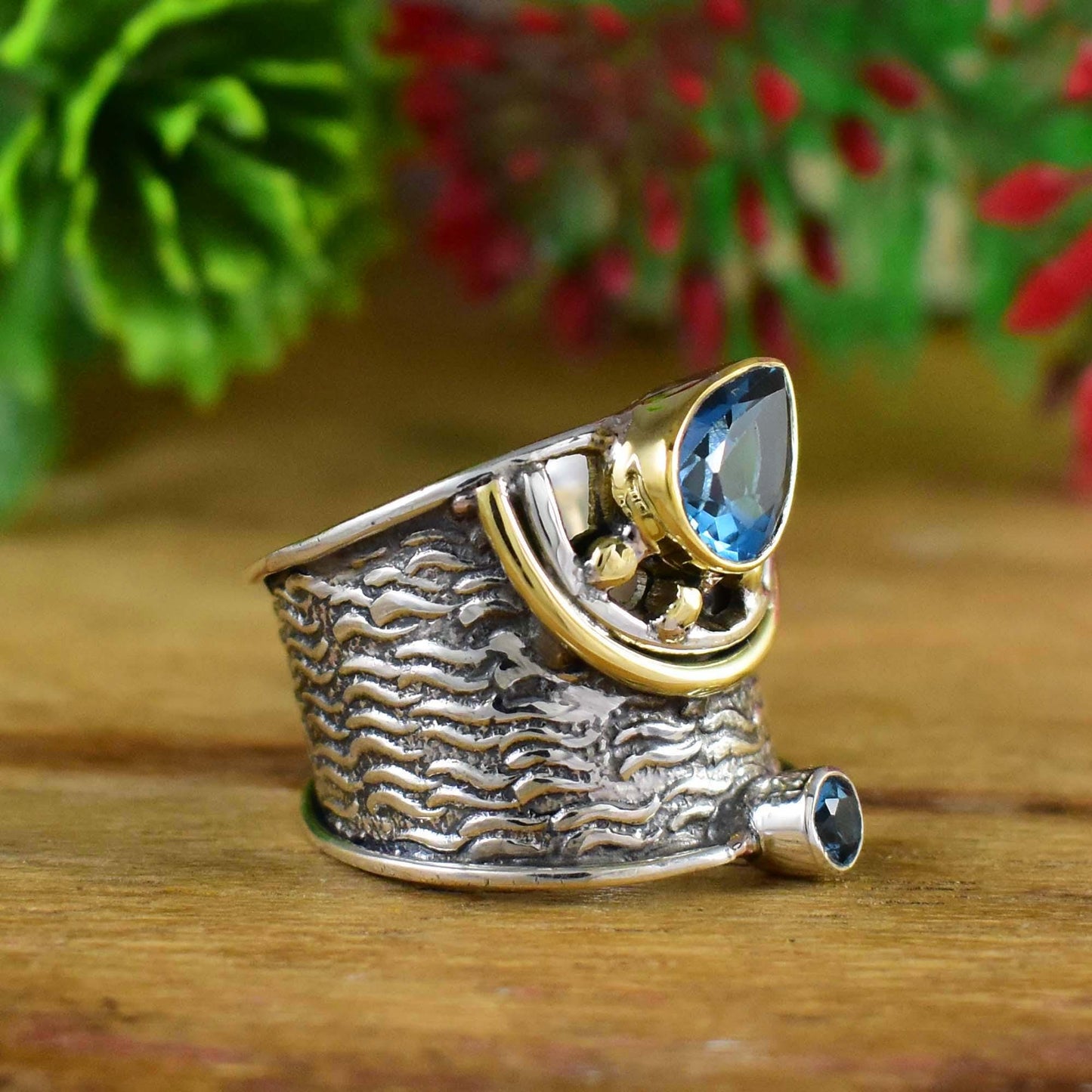 Blue Topaz Wide Band Ring - Handmade Textured Silver Boho Statement Jewelry - BeadsBoatInc