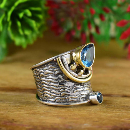 Blue Topaz Wide Band Ring - Handmade Textured Silver Boho Statement Jewelry - BeadsBoatInc