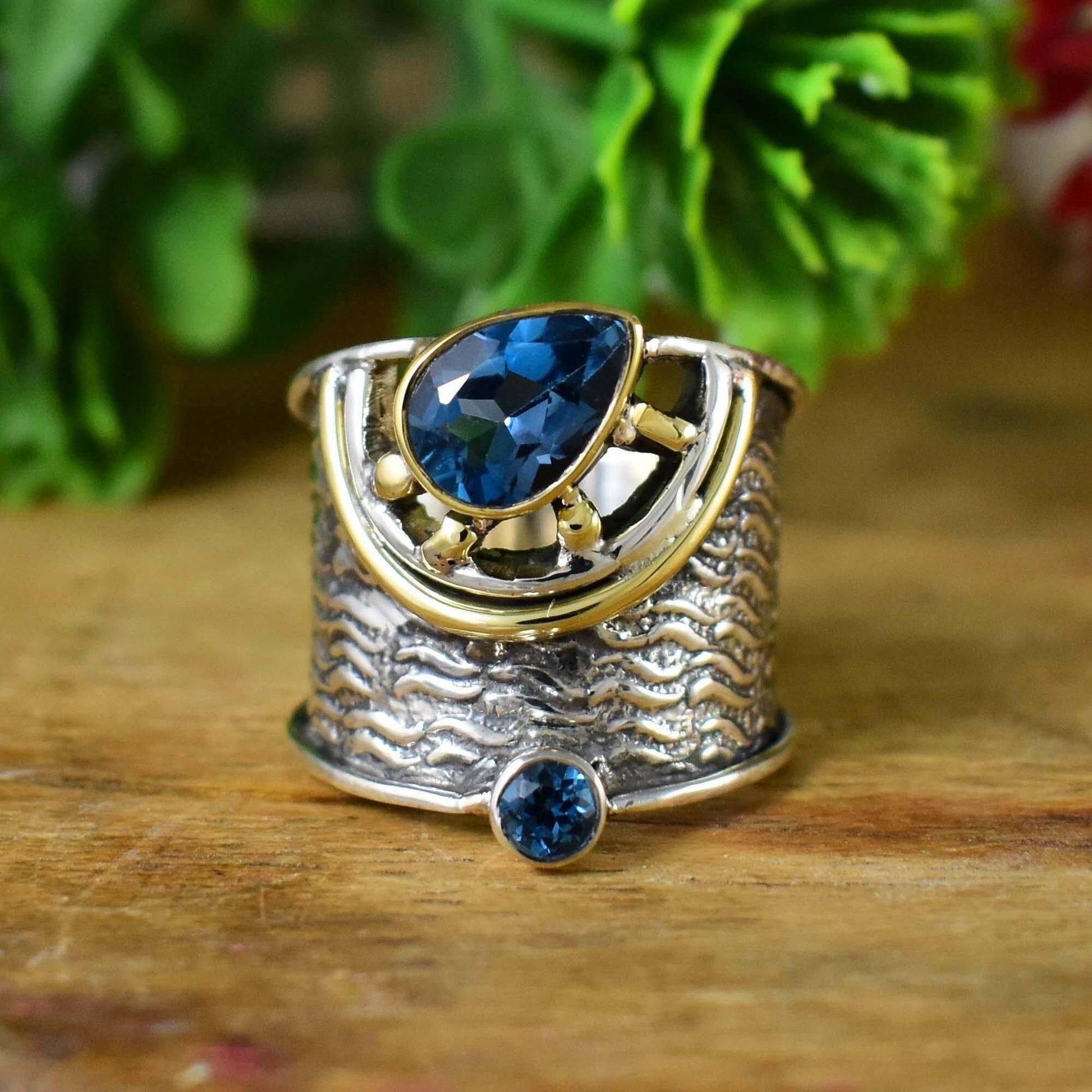 Blue Topaz Wide Band Ring - Handmade Textured Silver Boho Statement Jewelry - BeadsBoatInc