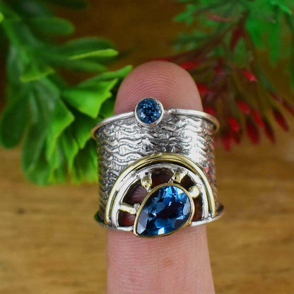 Blue Topaz Wide Band Ring - Handmade Textured Silver Boho Statement Jewelry - BeadsBoatInc