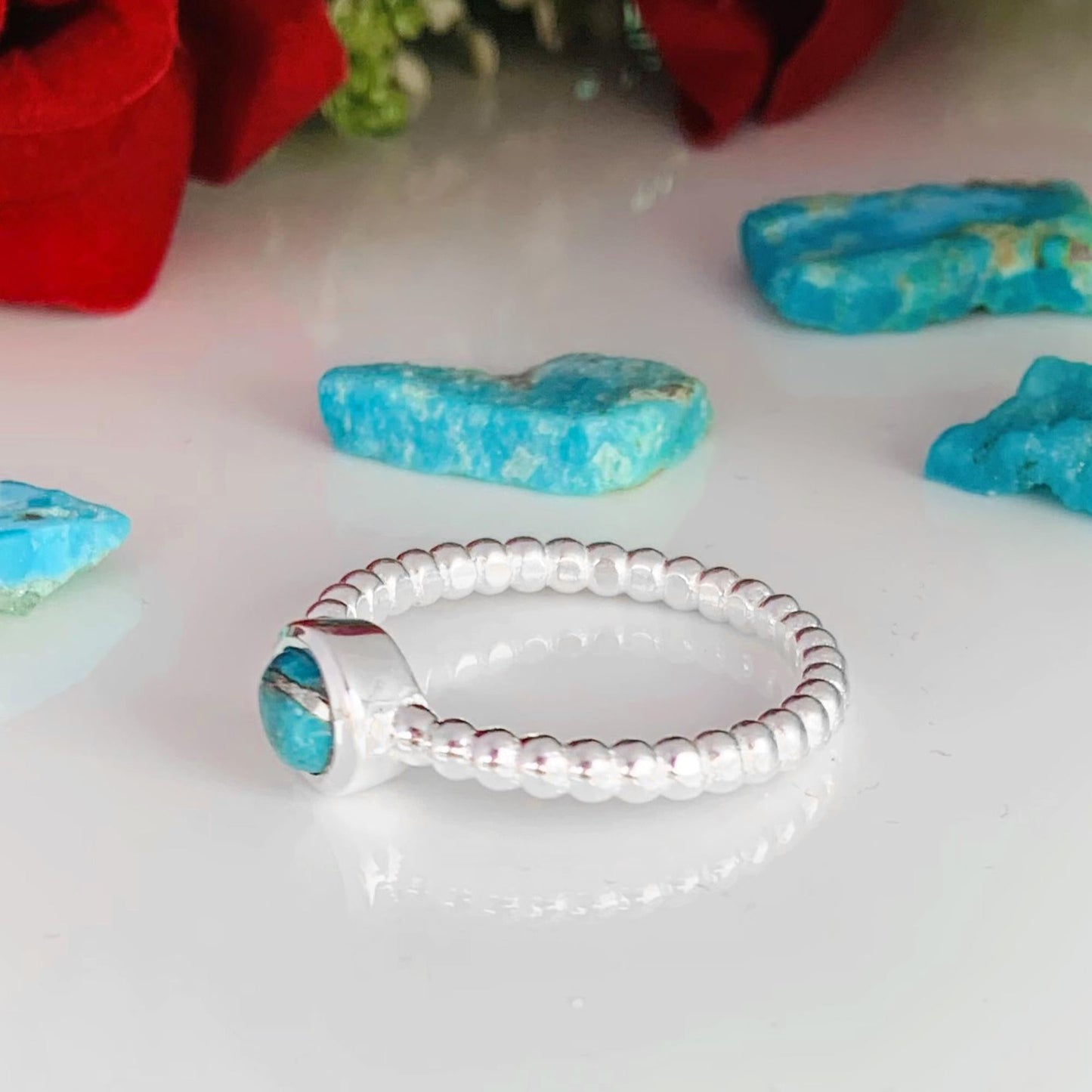 Blue Turquoise Ring – Dainty 925 Silver Ball Ring, Gift for Her - BeadsBoatInc