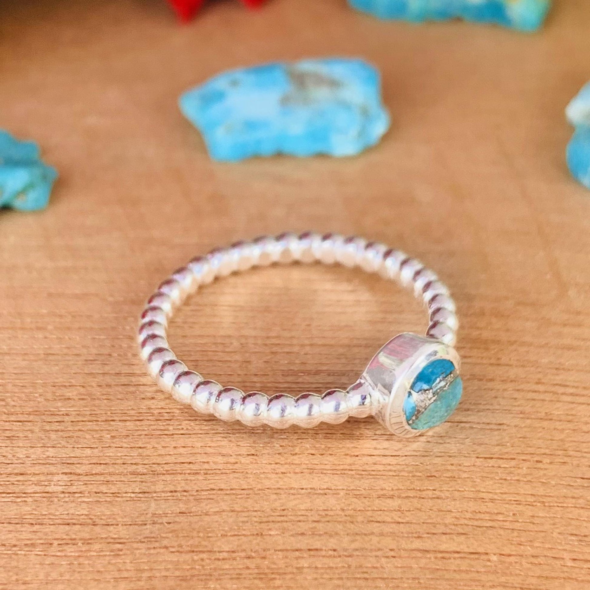 Blue Turquoise Ring – Dainty 925 Silver Ball Ring, Gift for Her - BeadsBoatInc
