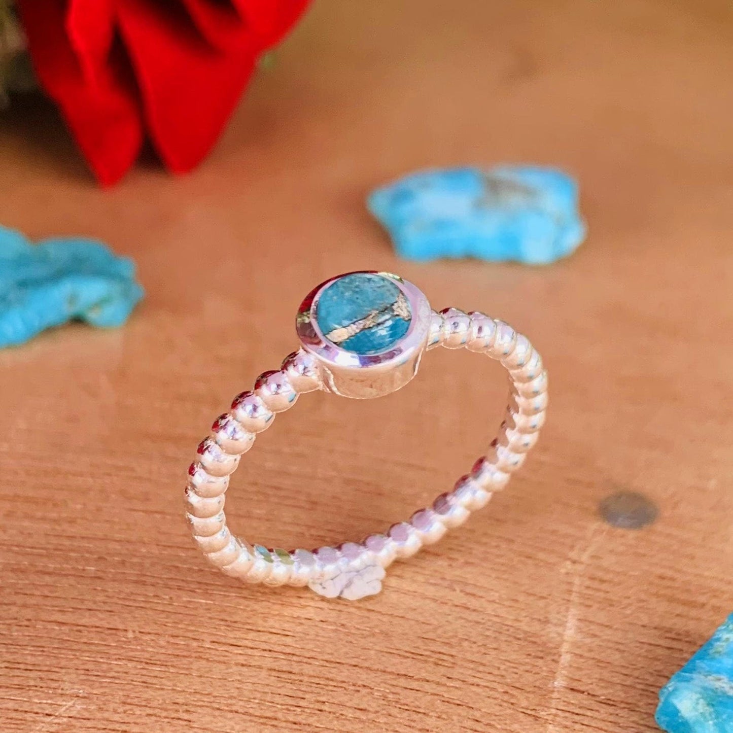 Blue Turquoise Ring – Dainty 925 Silver Ball Ring, Gift for Her - BeadsBoatInc