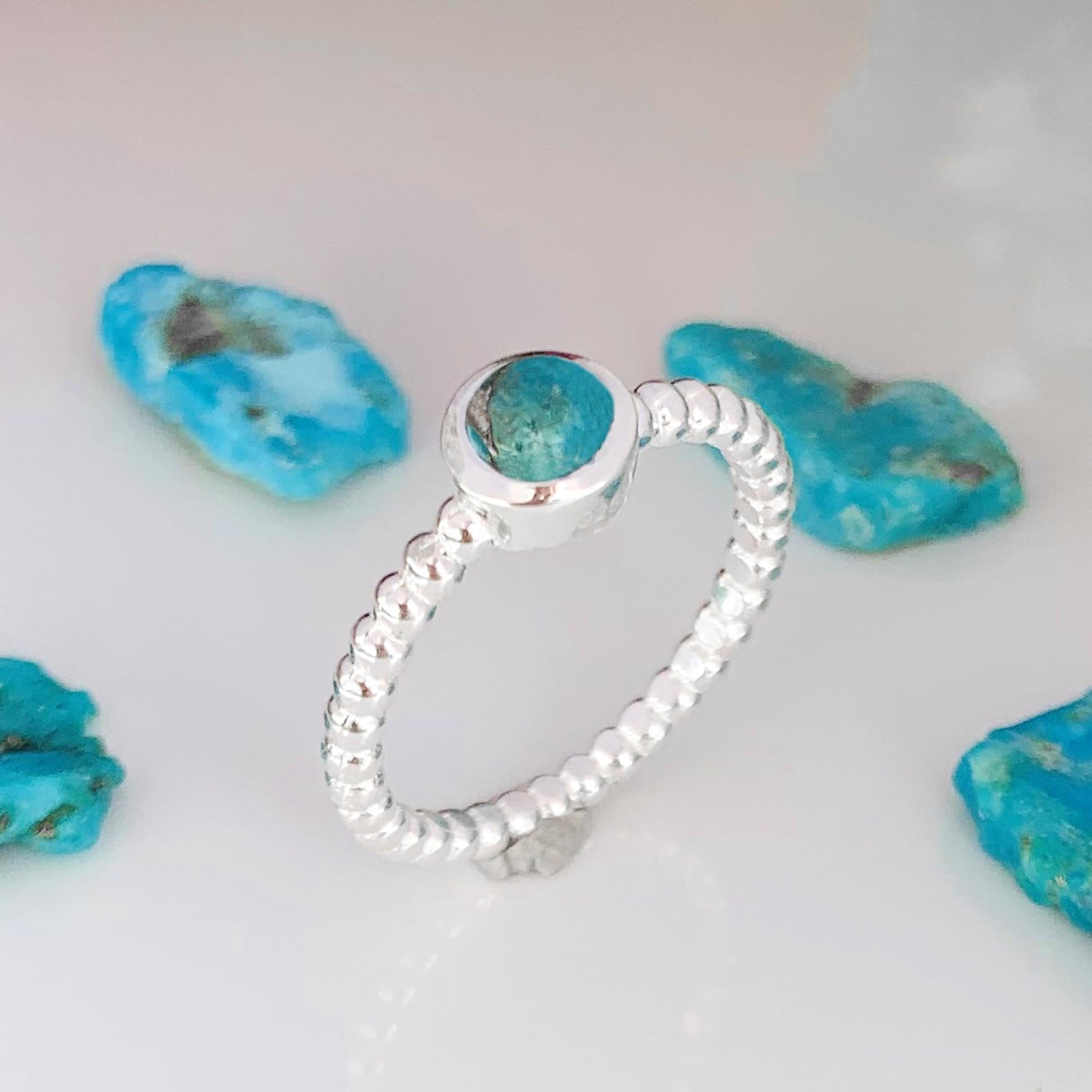 Blue Turquoise Ring – Dainty 925 Silver Ball Ring, Gift for Her - BeadsBoatInc