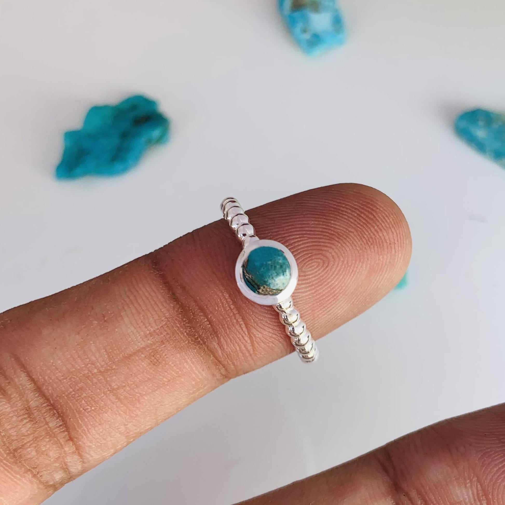 Blue Turquoise Ring – Dainty 925 Silver Ball Ring, Gift for Her - BeadsBoatInc