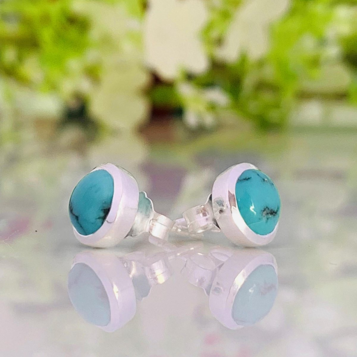 Blue Turquoise Round Stud Earrings in 925 Sterling Silver Dainty Jewelry - BeadsBoatInc