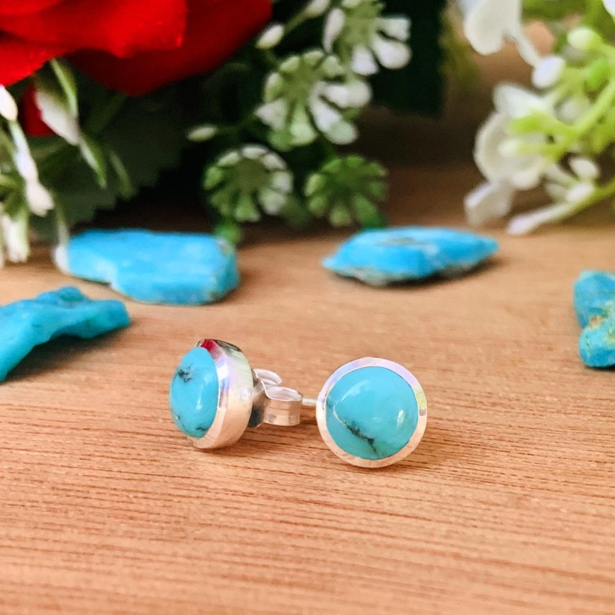 Blue Turquoise Round Stud Earrings in 925 Sterling Silver Dainty Jewelry - BeadsBoatInc