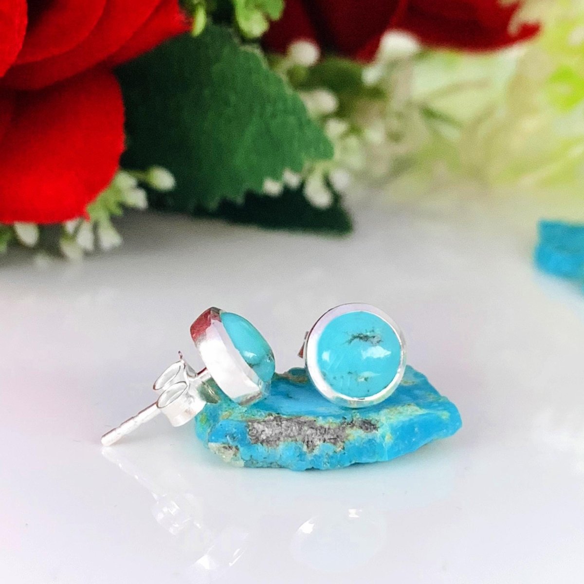Blue Turquoise Round Stud Earrings in 925 Sterling Silver Dainty Jewelry - BeadsBoatInc